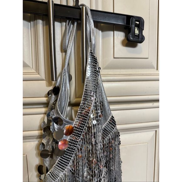 Women's Embellished Sequin Open Back Halter Sleeveless Beyonce Dress Silver XS - Picture 8 of 9